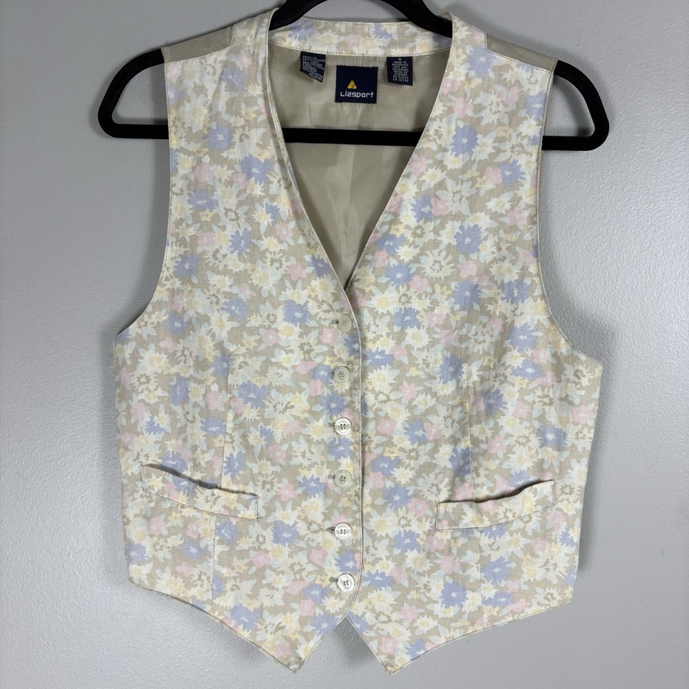 Vtg Lizsport Women's 6 Beige Pastel Floral 90s Linen Blend Sleeveless Vest